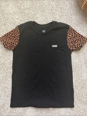 Vans Black Tee with Brown Leopard Print Sleeves